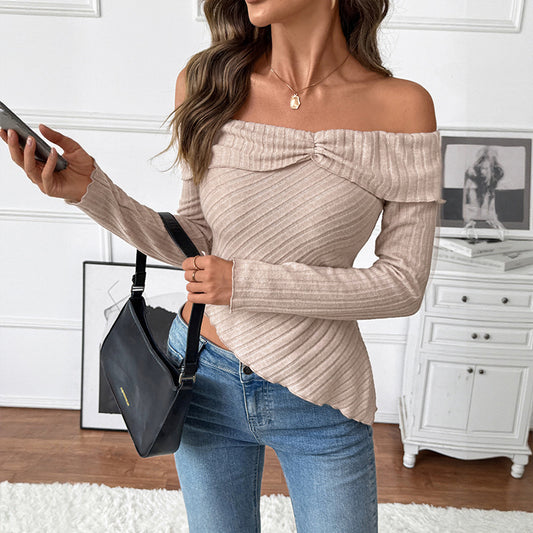 Women's Knitted Solid Color Long Sleeve Off Shoulder Irregular Hem