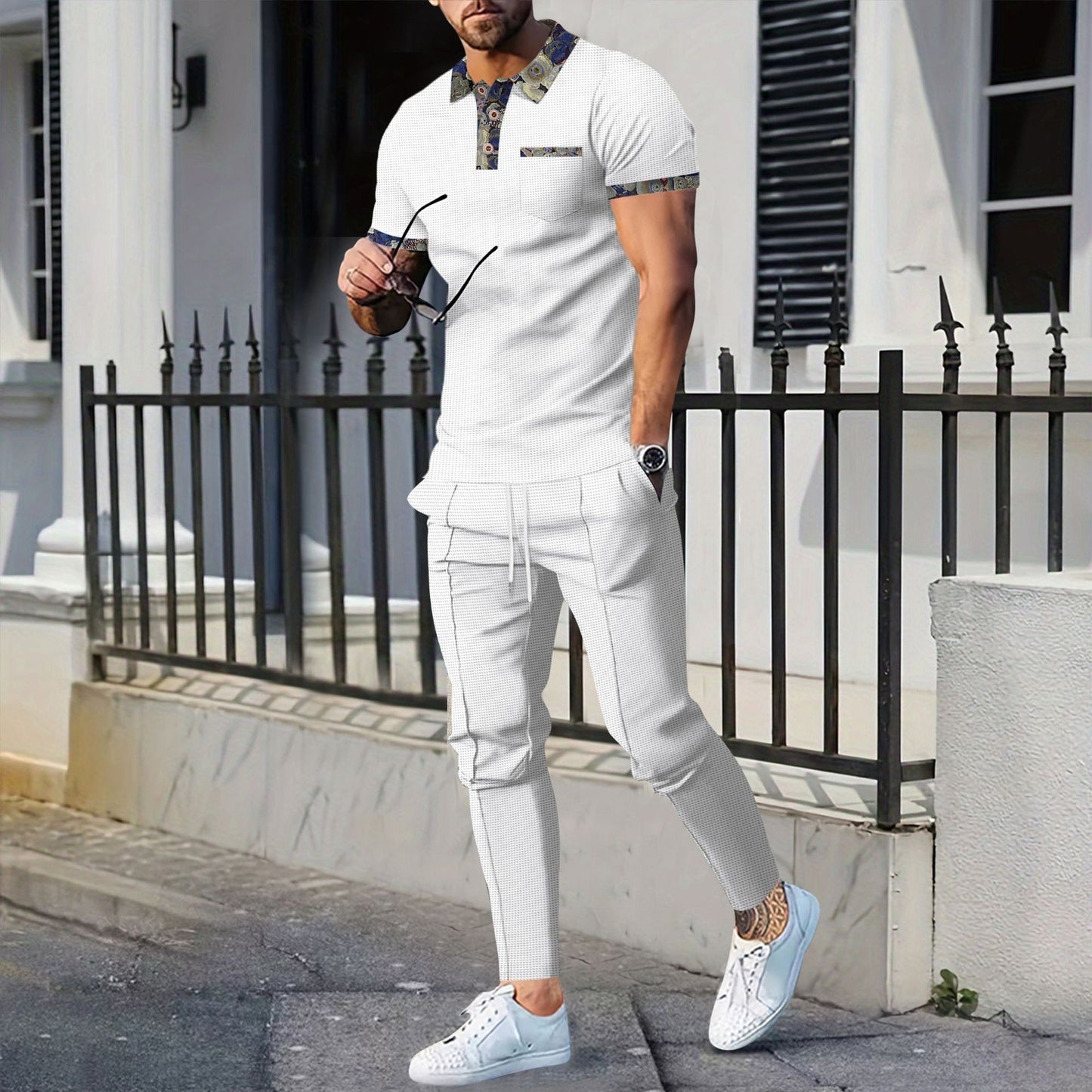 Men's Waffle Lapel Color Matching Pocket Short Sleeve Trousers Suit