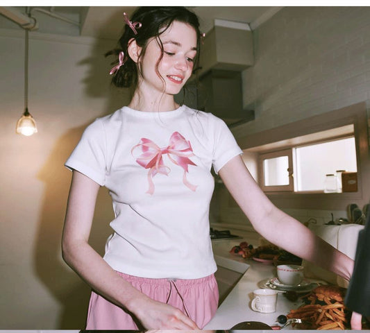 Special-interest Design 23 Summer Hot Girl Bow Round Neck Short Sleeve T-shirt Girl