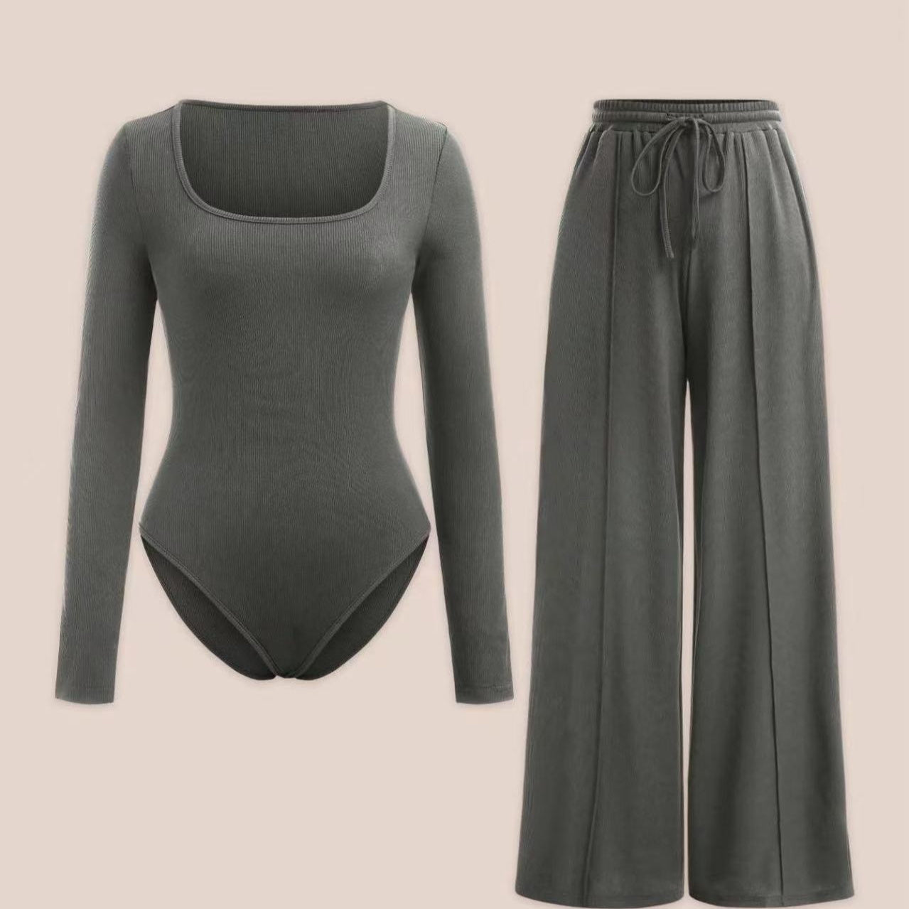 Sexy Slim Rib New Tight Square Collar Jumpsuit Trousers Suit Women