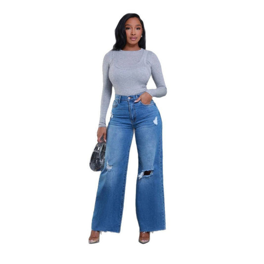 Women's Ripped High Waist Loose Straight Wide Leg Jeans