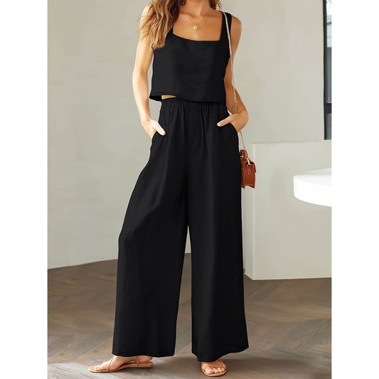Square Collar Sleeveless Camisole Wide Leg Pants Leisure Suit