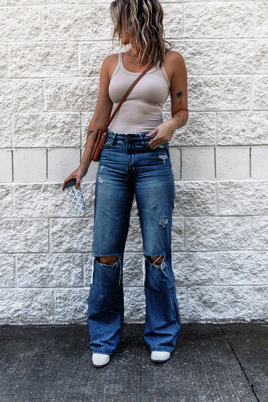 Women's Ripped High Waist Retro Slim Fit Denim Boot-cut Pants