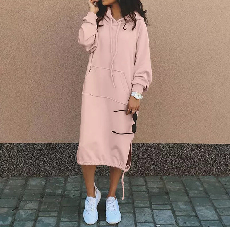 Solid Color Long-sleeved Hooded Drawstring Pullover Long Sweatshirt
