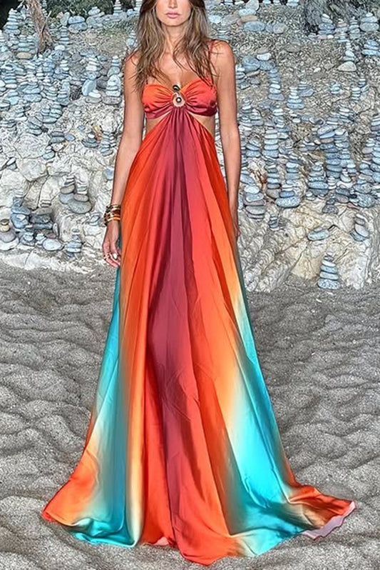 Sexy Gradient Color Halter Maxi Dress - Tropical Beach Boho Chic Long Dress For Women, Flowy Summer Sundress With Slit
