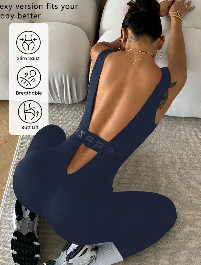 Shoulder Strap Bare Back Letter One-piece Ankle Banded Pants