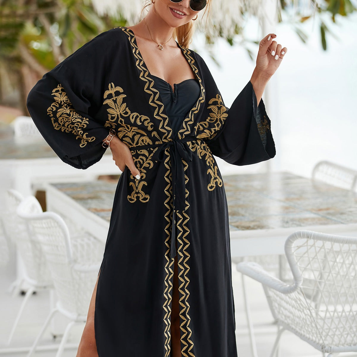 Beach Cover-up Rayon Embroidered Holiday Women's Cardigan Sun Protection Shirt Bikini Cover