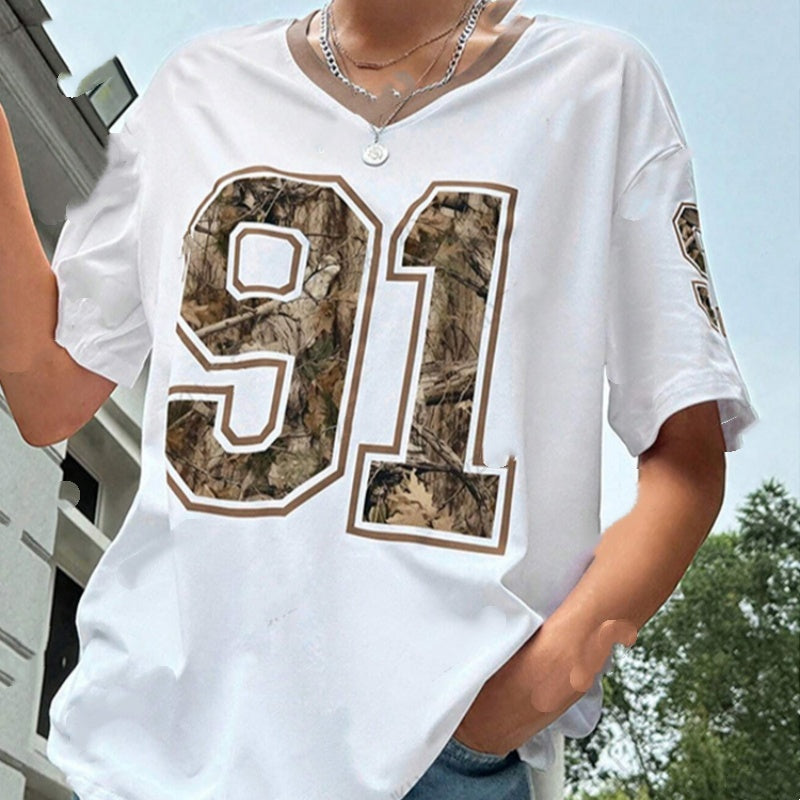 Summer New Retro No91 Printed T-shirt Women's V-neck Short Sleeve