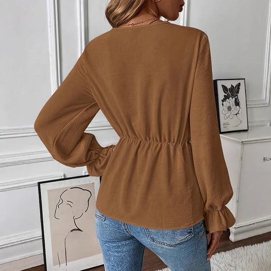New Elegant V-neck Long Sleeve Shirt Autumn Top Women's Loose