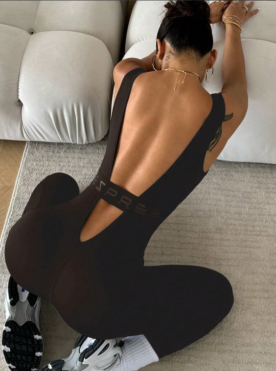 Shoulder Strap Bare Back Letter One-piece Ankle Banded Pants