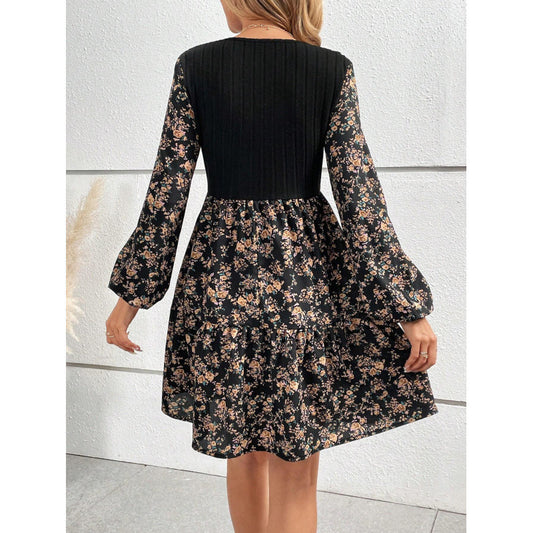 Women's Fashion Slim Round Neck Floral Long Sleeve Dress