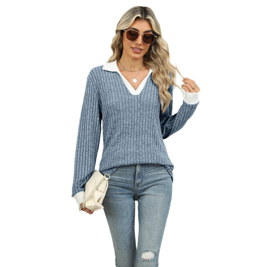 Lapel Long Sleeve Loose-fitting T-shirt Top Women