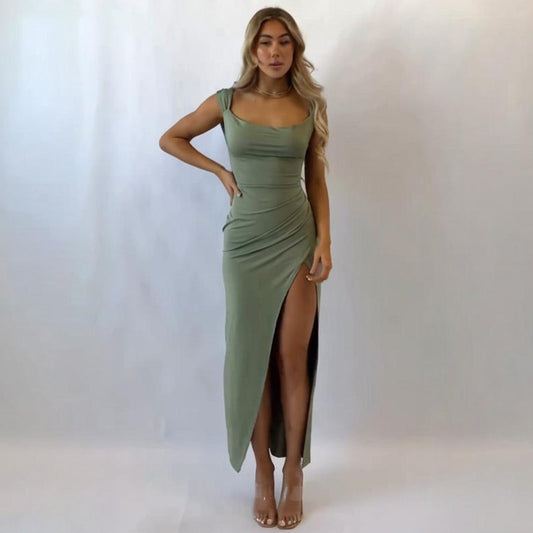 Square Collar Sexy Slit Solid Color Elegant Tied Dress