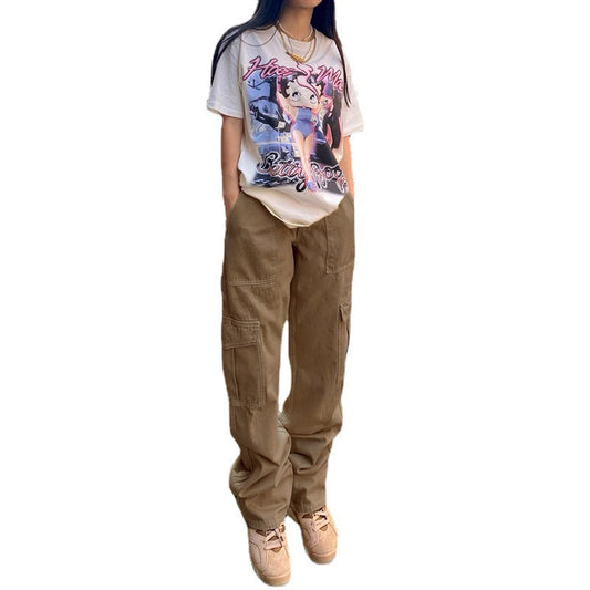 Stylish Multi-pocket Straight-leg Trousers High Waist Jeans