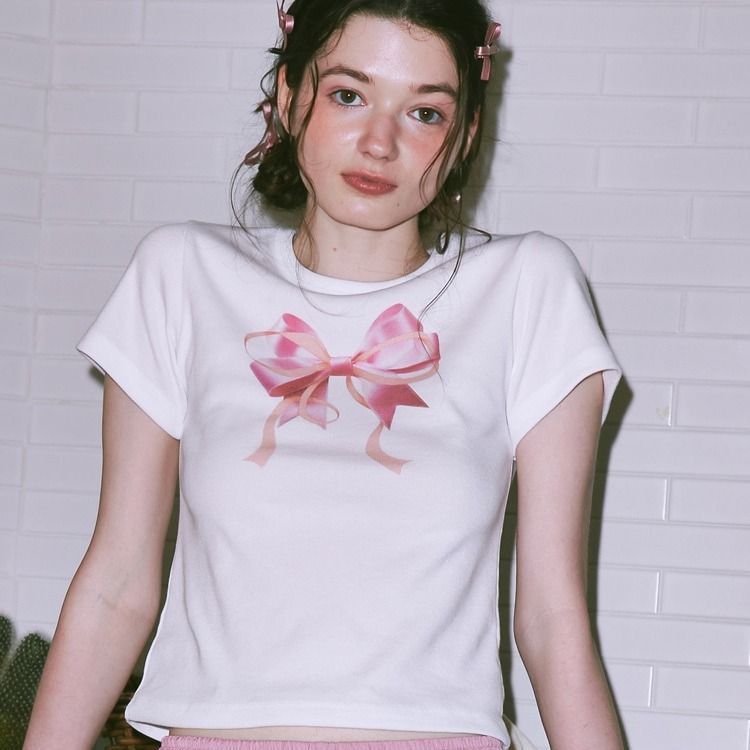 Special-interest Design 23 Summer Hot Girl Bow Round Neck Short Sleeve T-shirt Girl