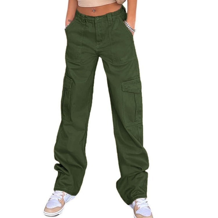 Stylish Multi-pocket Straight-leg Trousers High Waist Jeans