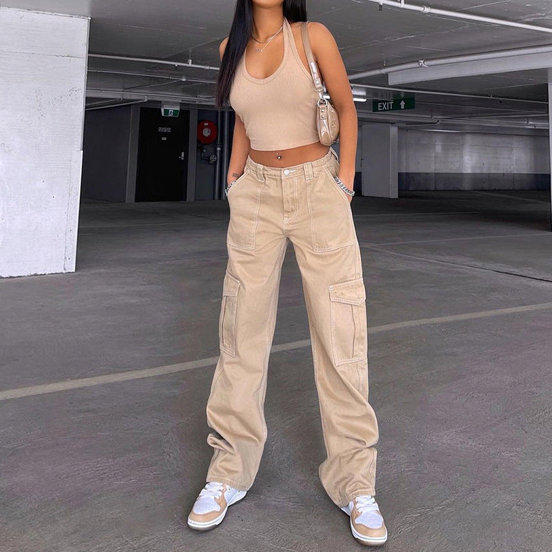 Stylish Multi-pocket Straight-leg Trousers High Waist Jeans