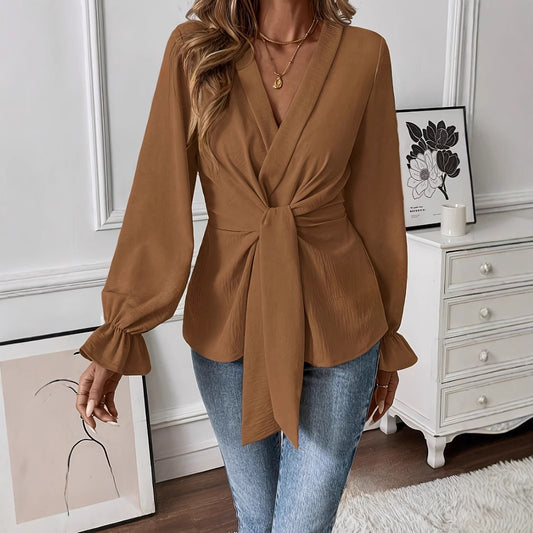 New Elegant V-neck Long Sleeve Shirt Autumn Top Women's Loose