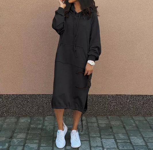 Solid Color Long-sleeved Hooded Drawstring Pullover Long Sweatshirt