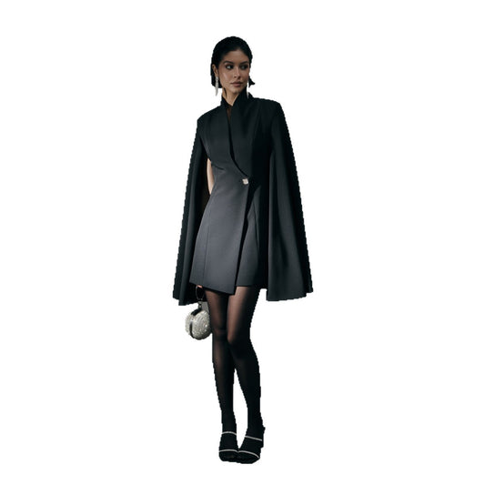 Elegant Cloak Slim Solid Color Single Buckle Dress