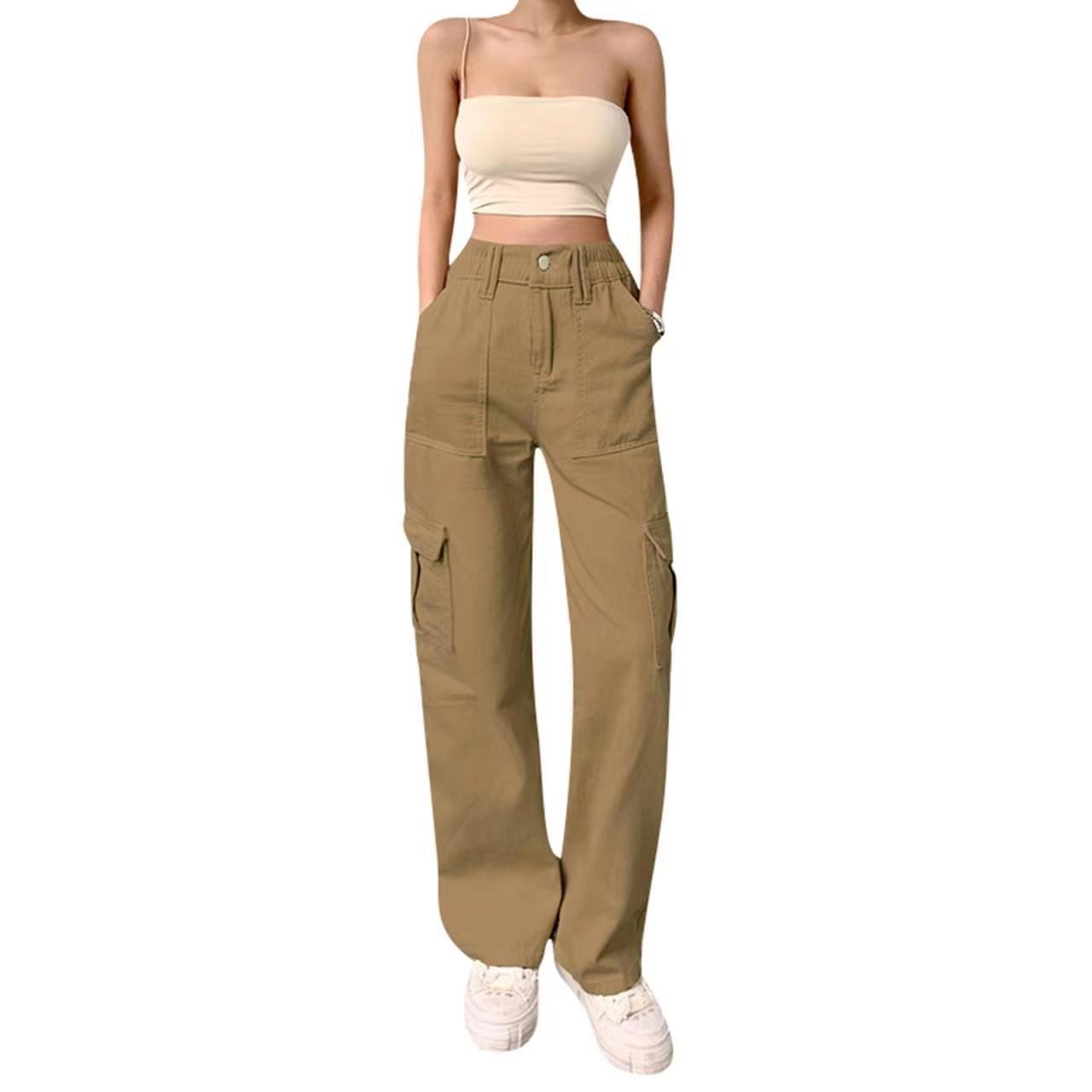 Stylish Multi-pocket Straight-leg Trousers High Waist Jeans