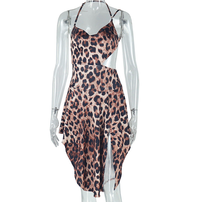 Irregular Design Leopard Print Suspender Skirt Pullover Skirt