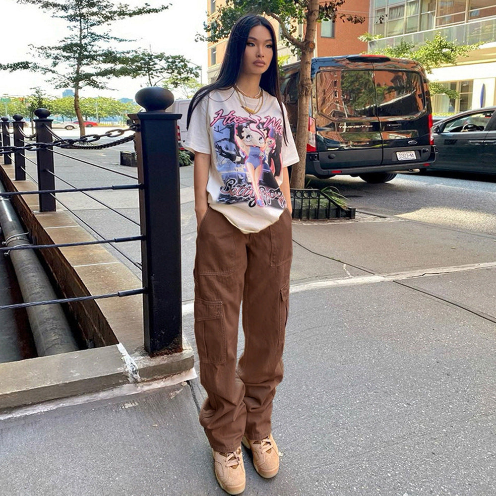 Stylish Multi-pocket Straight-leg Trousers High Waist Jeans