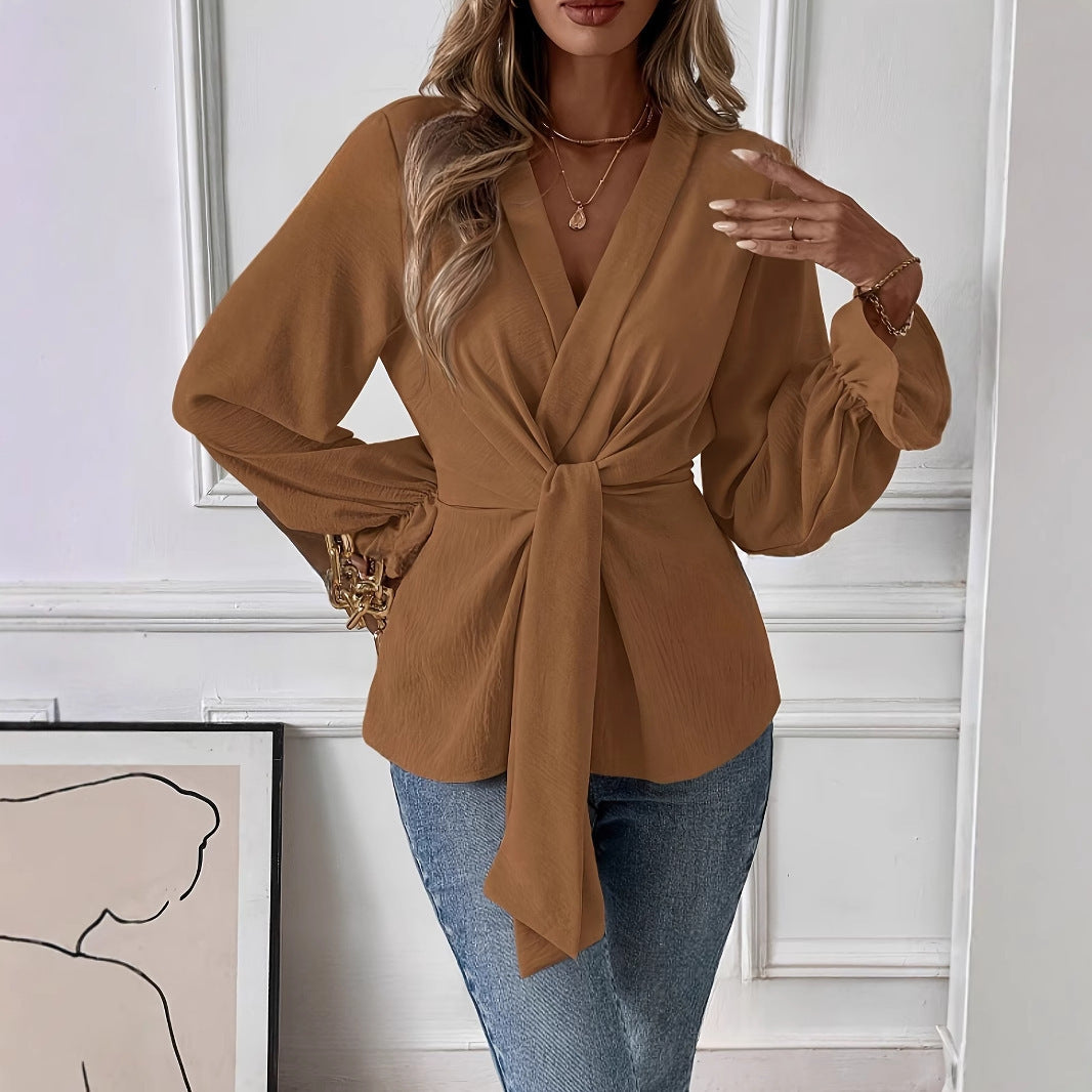 New Elegant V-neck Long Sleeve Shirt Autumn Top Women's Loose