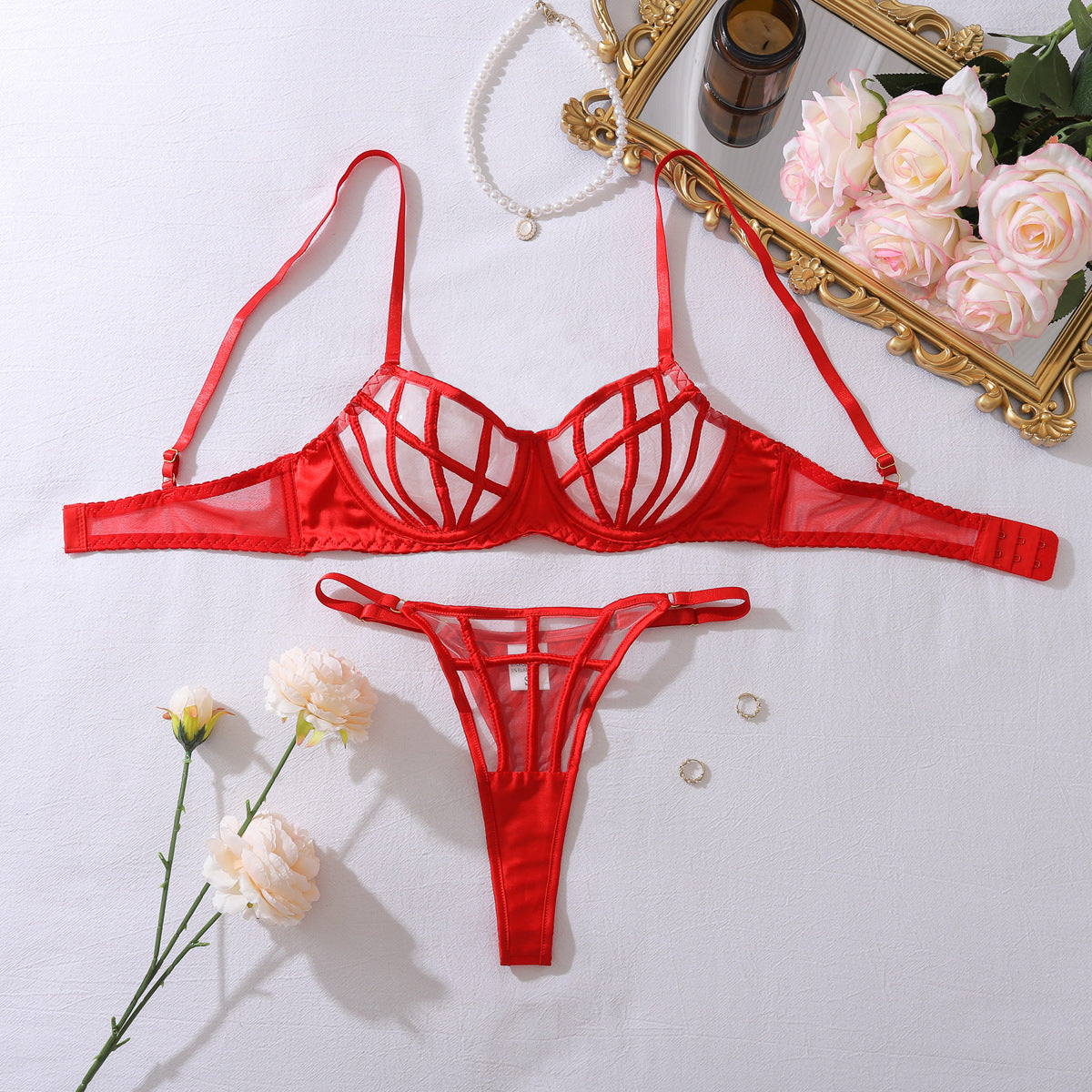 Summer Transparent Mesh Body Shaping Split Adjustment Type Sexy Lingerie Set