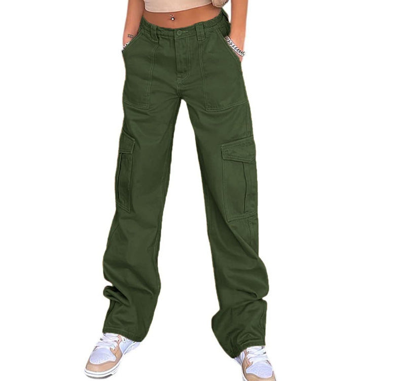 Stylish Multi-pocket Straight-leg Trousers High Waist Jeans