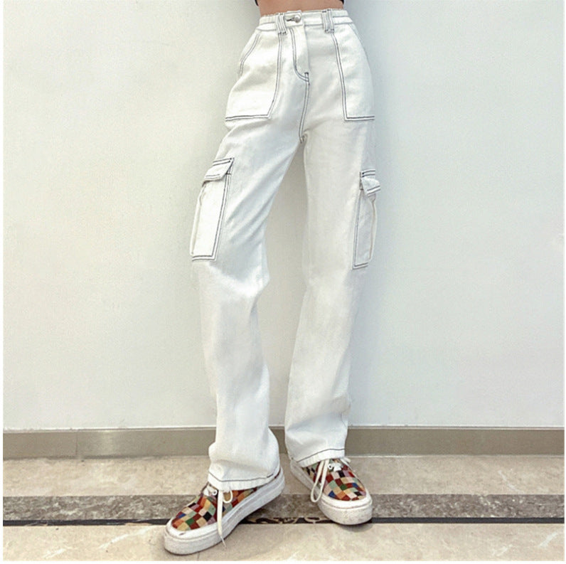 Stylish Multi-pocket Straight-leg Trousers High Waist Jeans