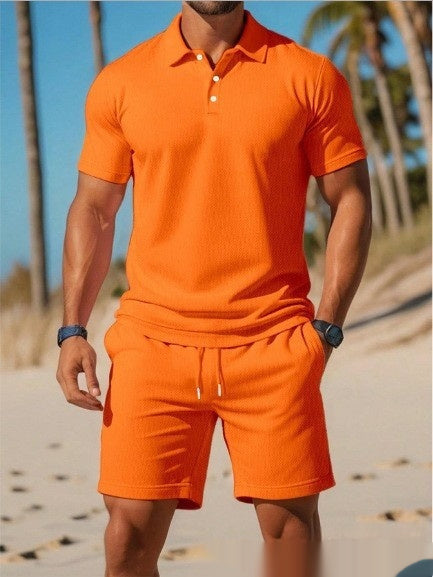 Men's Casual Beach Mesh Lapel Set Summer Comfortable Breathable Loose Solid-Color Sports Short-Sleeved Shirt And Shorts Set