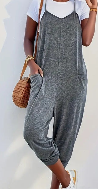 Solid Patched Pockets Overall Jumpsuit - Versatile V-neck Design For Spring & Summer - Women's Clothing - For Fashionable Women - Perfect For Casual & Outdoor Occasions - Great Gift For Birthday & Hol