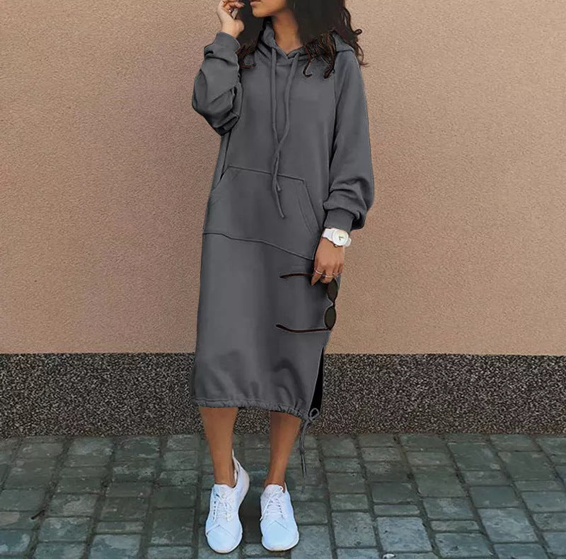 Solid Color Long-sleeved Hooded Drawstring Pullover Long Sweatshirt