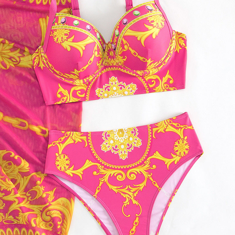 Retro Printed Sexy Bikini Mesh Lace-up Three-piece Swimsuit