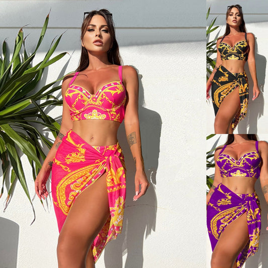 Retro Printed Sexy Bikini Mesh Lace-up Three-piece Swimsuit