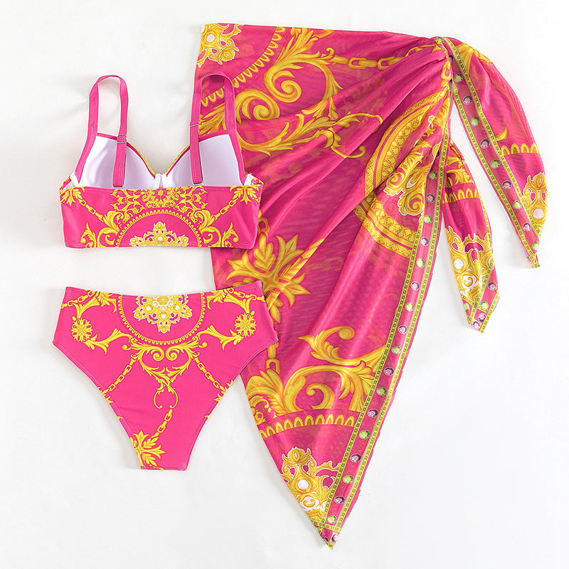 Retro Printed Sexy Bikini Mesh Lace-up Three-piece Swimsuit