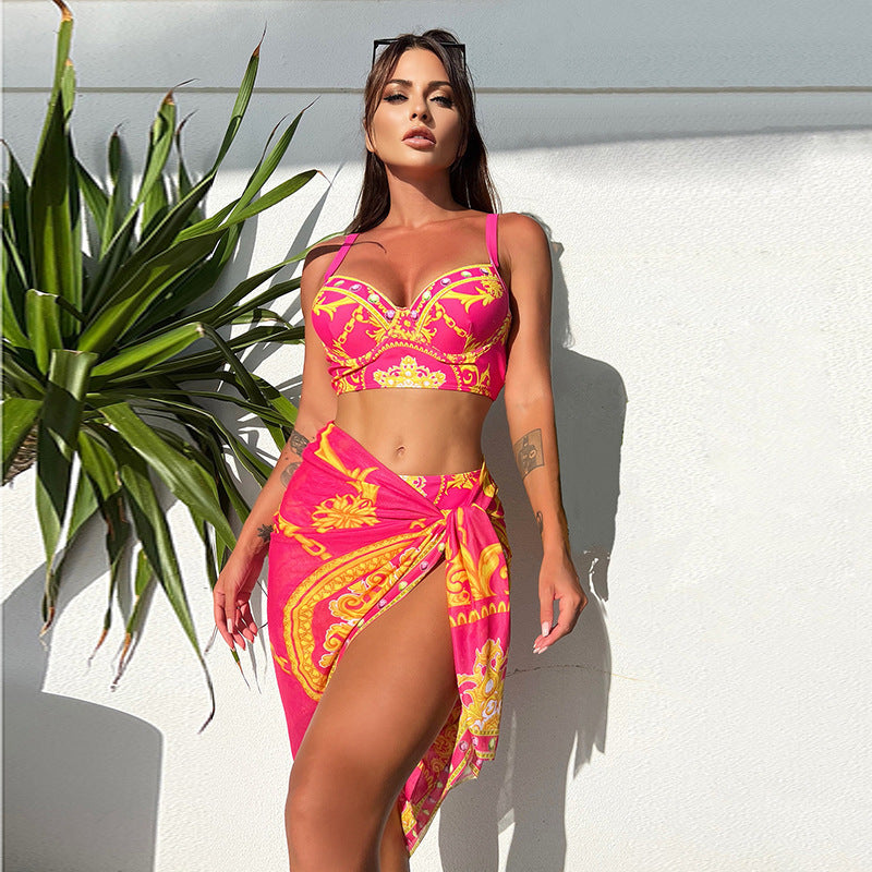 Retro Printed Sexy Bikini Mesh Lace-up Three-piece Swimsuit