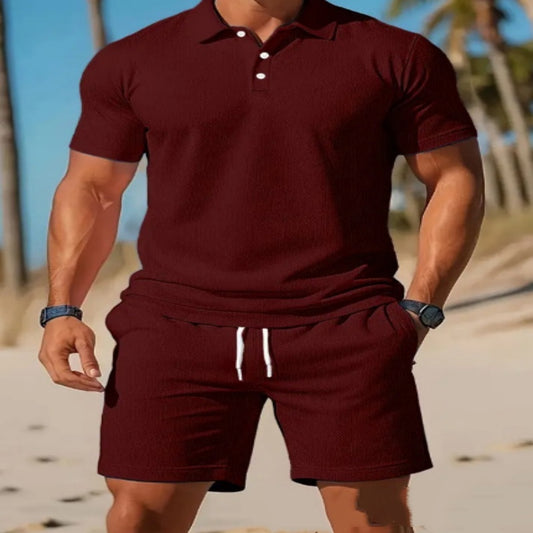 Men's Casual Beach Mesh Lapel Set Summer Comfortable Breathable Loose Solid-Color Sports Short-Sleeved Shirt And Shorts Set