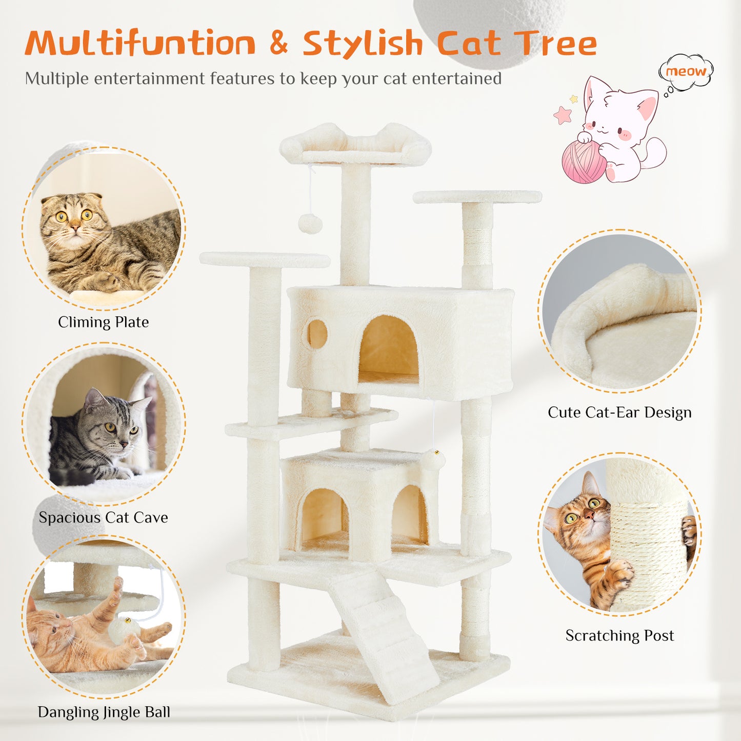 Multi-functional Cat Tree House Cat Climbing Frame, Lounge And Recreation Area Detachable Toy, 54in Dark Blue