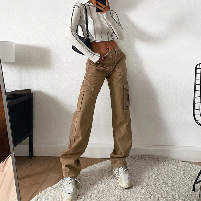 Stylish Multi-pocket Straight-leg Trousers High Waist Jeans