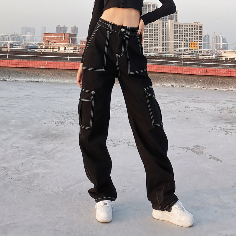 Stylish Multi-pocket Straight-leg Trousers High Waist Jeans