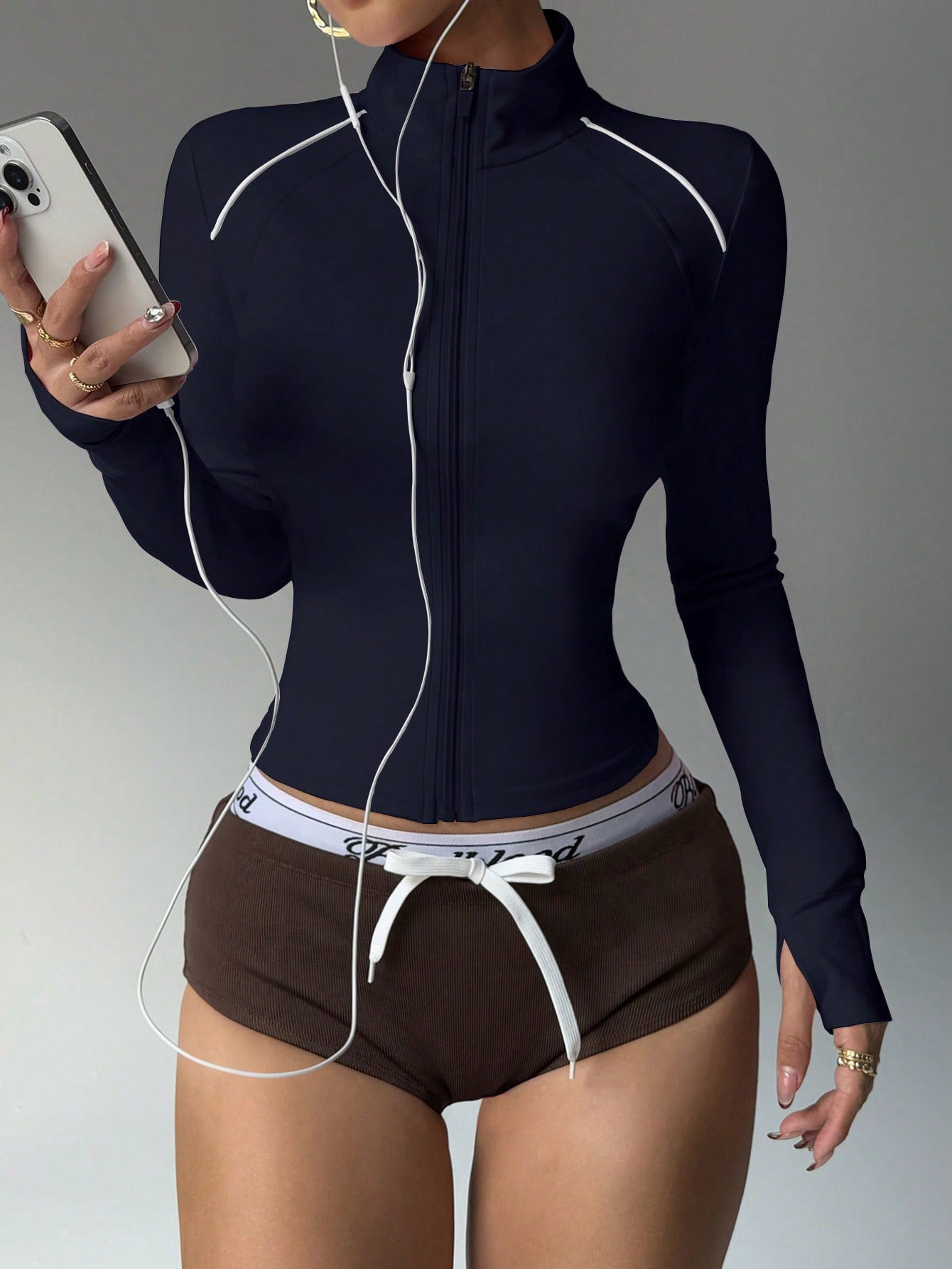 Short Contrast Color Sports Yoga Jacket Fitness Zip Long Sleeve Coat