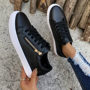 Women's Versatile Leather Side Zipper Casual Sports Shoes