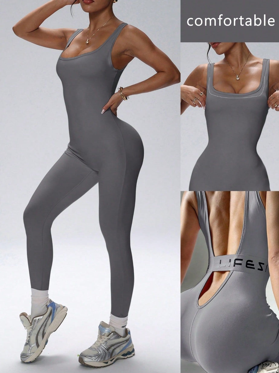 Shoulder Strap Bare Back Letter One-piece Ankle Banded Pants